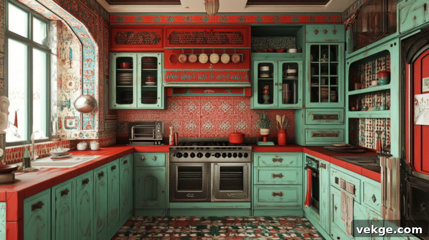 Crimson Red and Mint Green Moroccan Kitchen