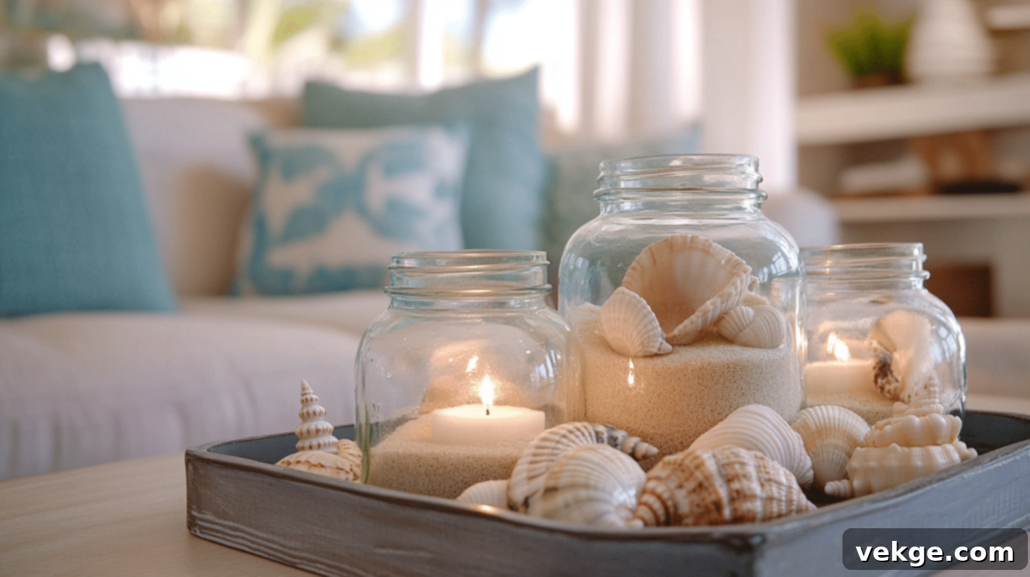 Seashell and Sand-Filled Mason Jars for coastal decor