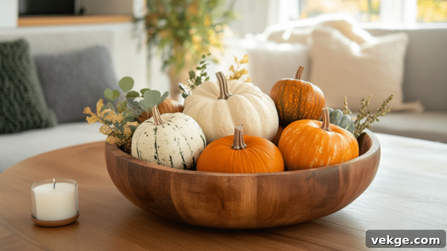 Mini Pumpkins in a Wooden Dough Bowl