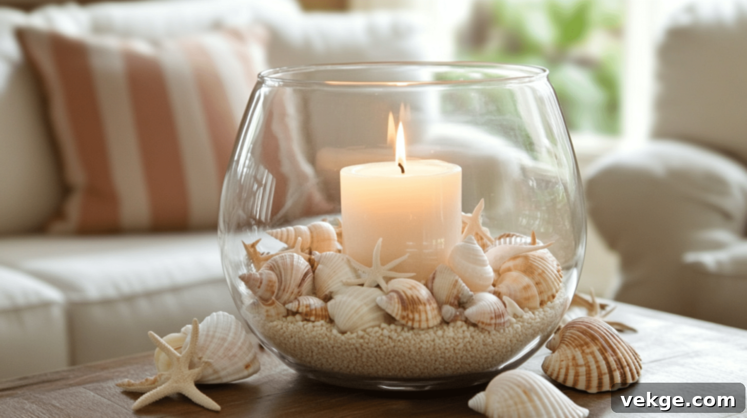 Seashell-Filled Hurricane Vase with a candle