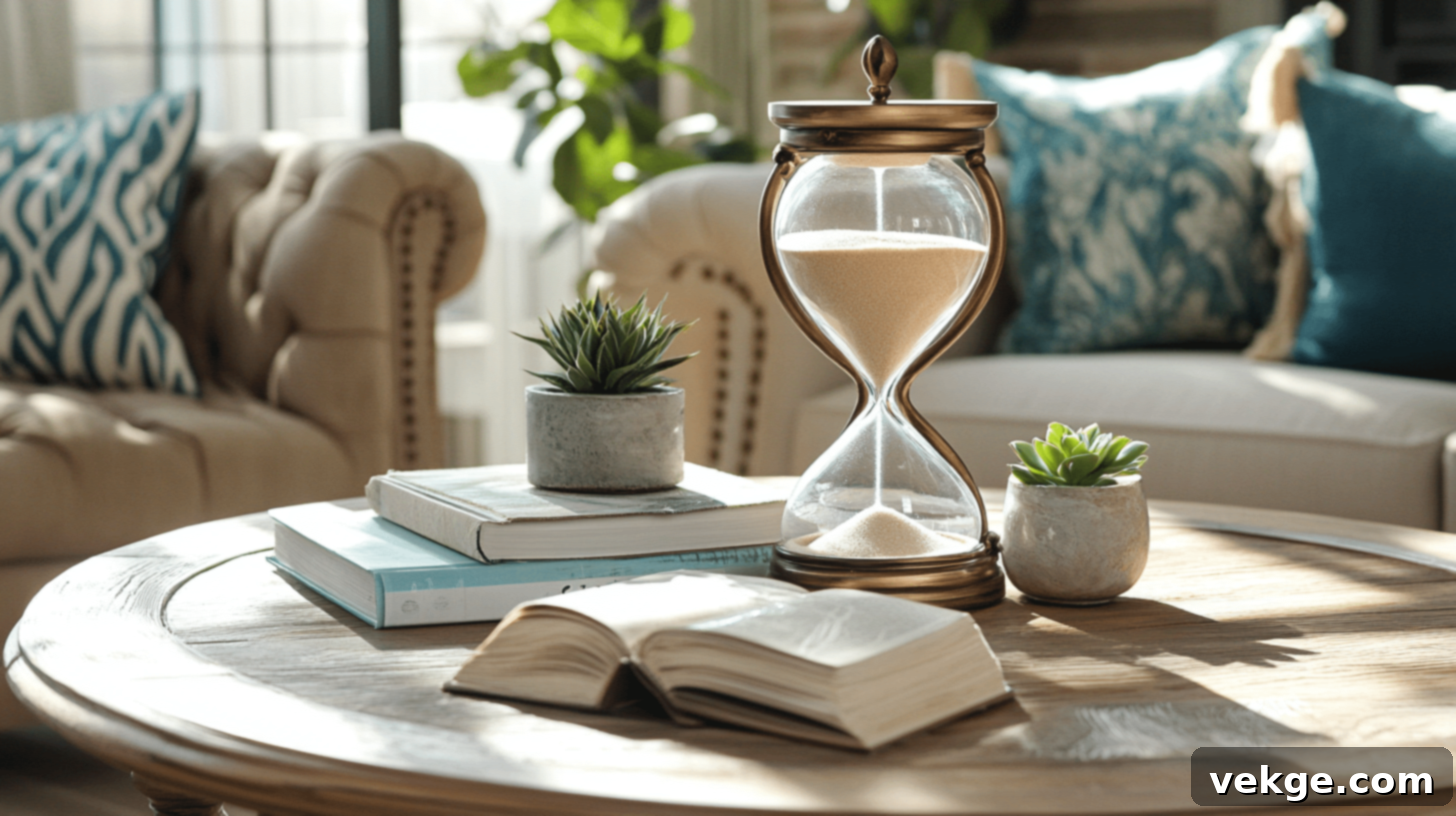 Hourglass on a coffee table with books