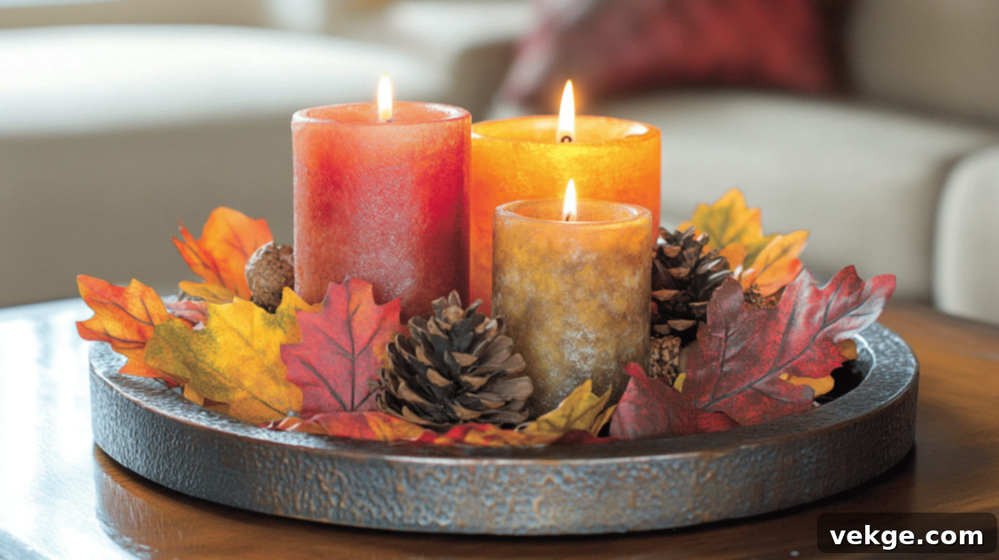 Tray with Candles and Autumn Leaves