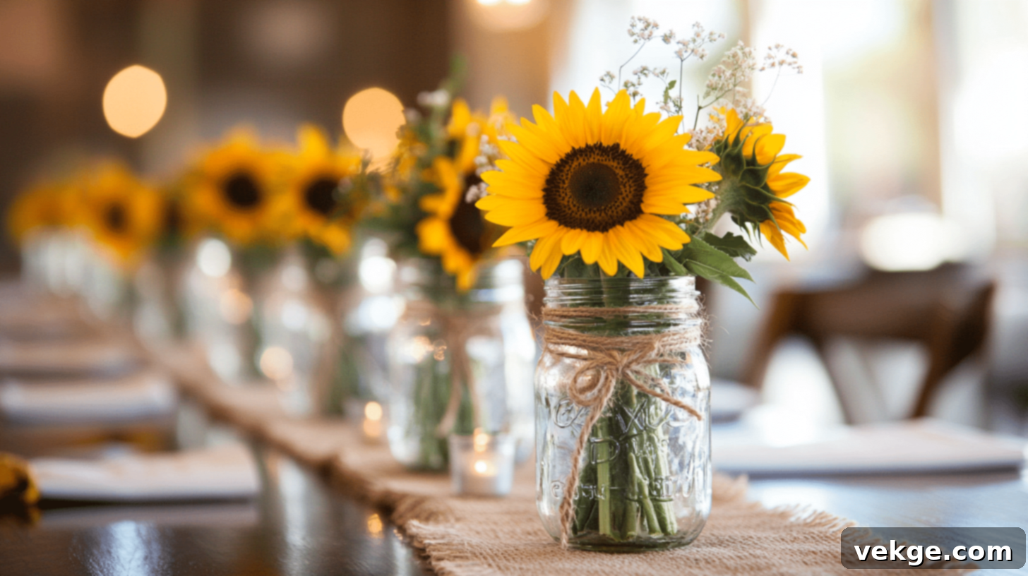 Mason Jars with Sunflowers and Twine Bows