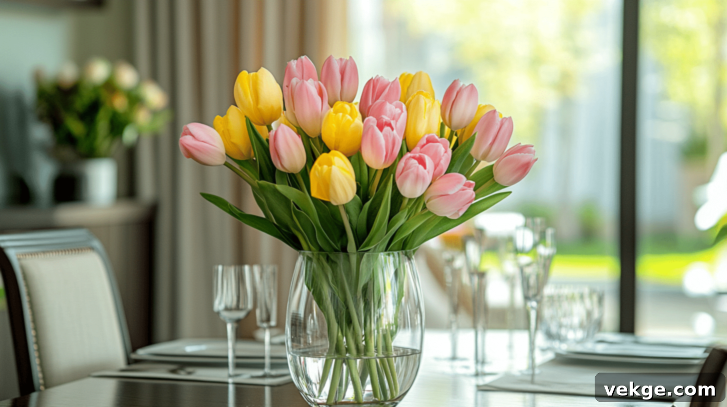 Vase of Fresh Tulips in Soft Pink and Yellow