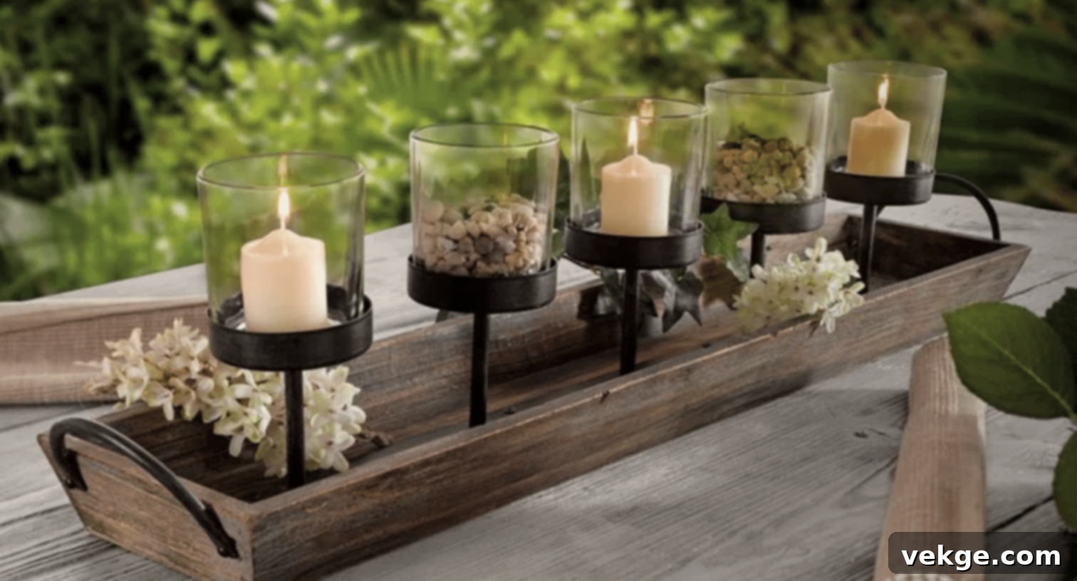 Candelabra Centerpiece with Glass Cups and Wood Tray