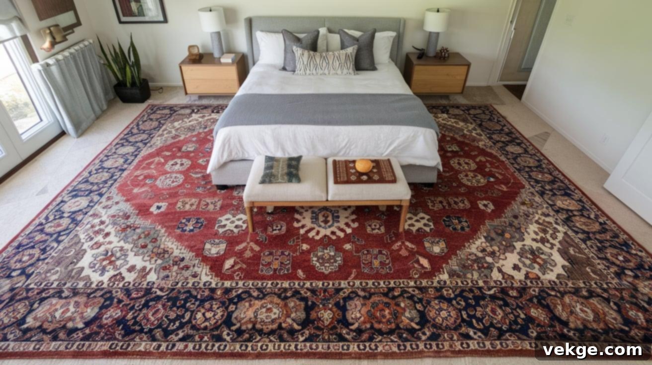 Bed and Nightstands On Top of a Large Rug
