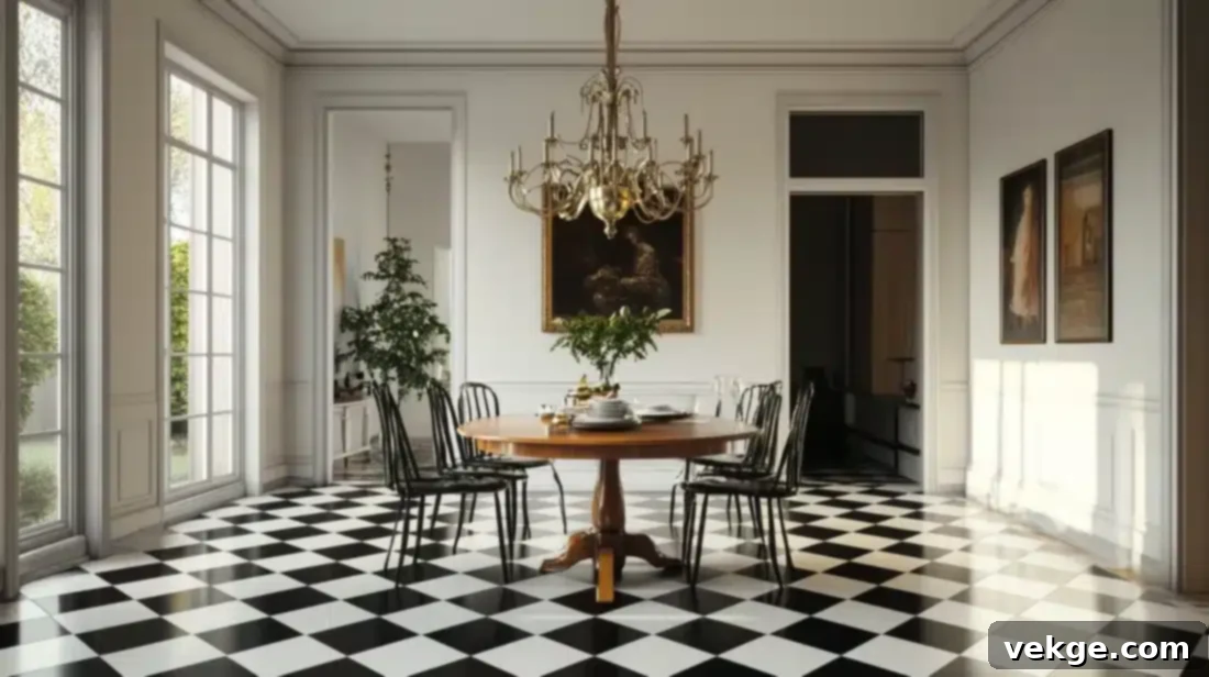 Black and White Tile Flooring in a Parisian Dining Room