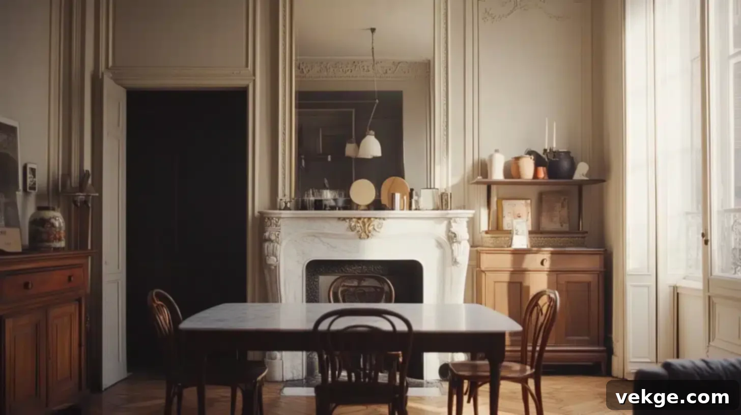 Marble Fireplace with Brass Accents in a Parisian Dining Room
