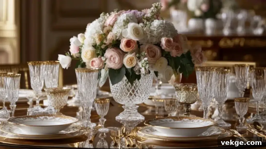 Floral Centerpieces in Crystal Vases for a Parisian Dining Table