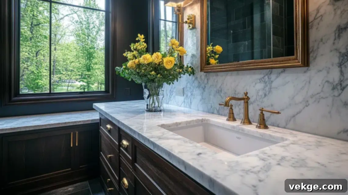 Marble Backsplash with Dark Wood Vanity