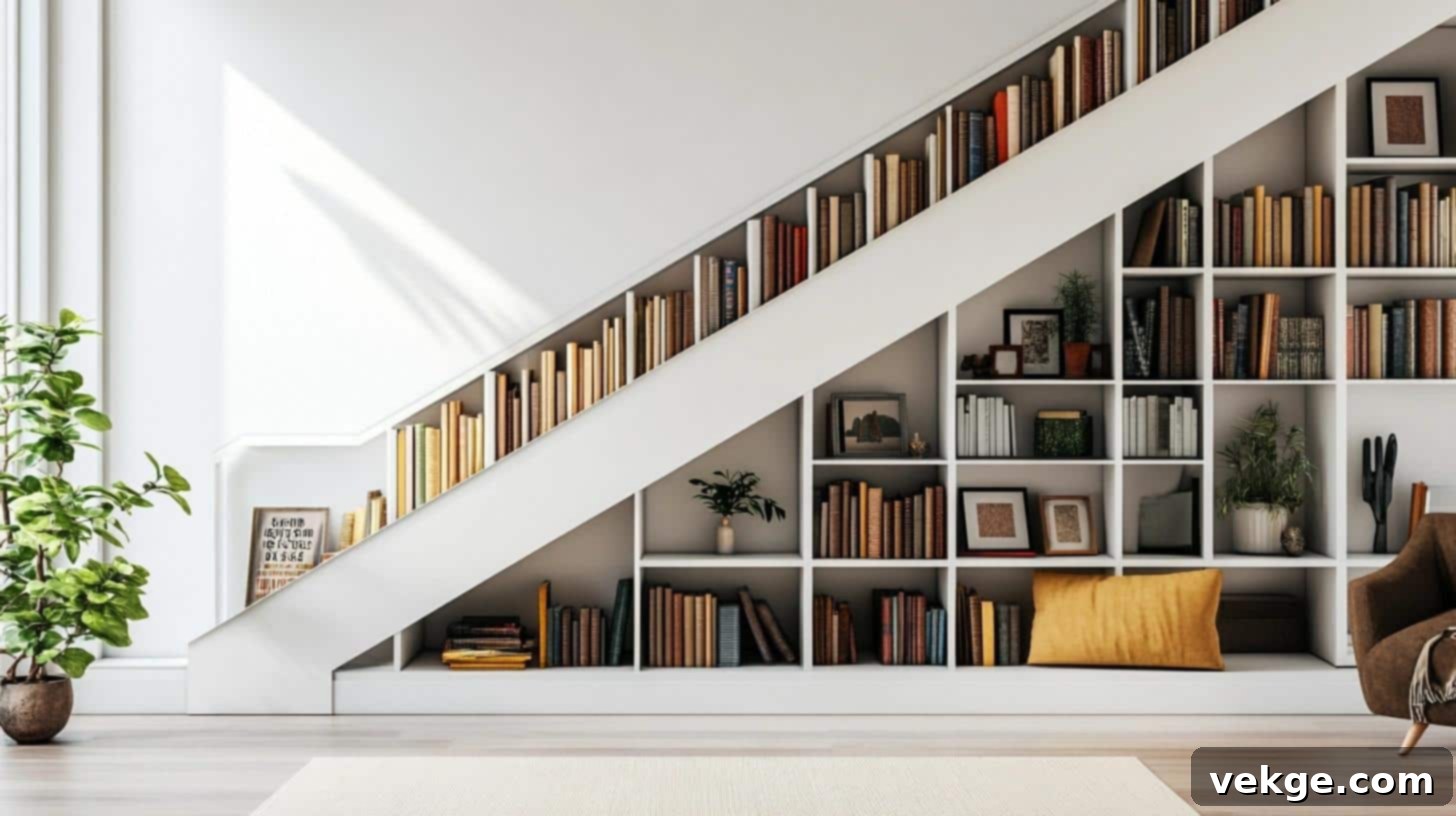 Built-In Bookshelf under stairs for organized book collection and decorative items
