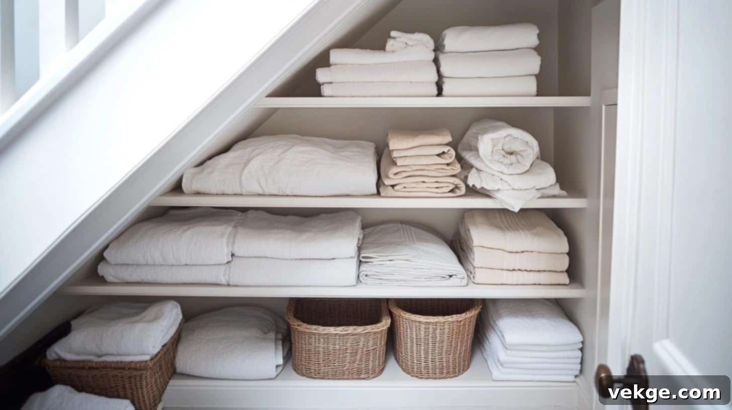 Under-stair linen closet with shelving for bedding and towels
