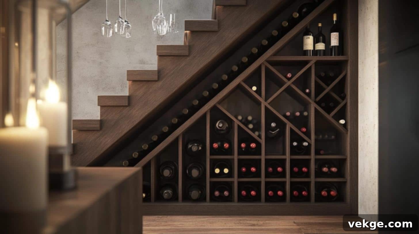Under-stair wine rack with display and storage for bottles and glasses
