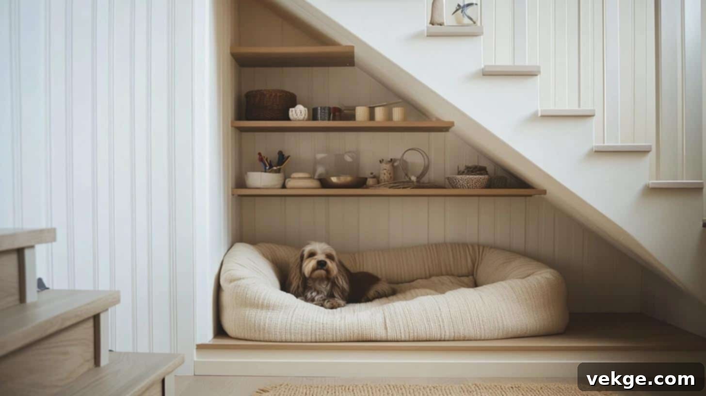 Under-stair pet bed nook with storage for pet supplies