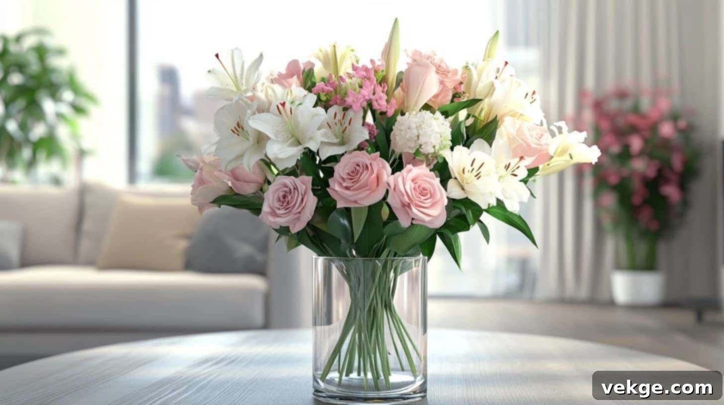 Vibrant floral centerpiece in a glass vase on a classic coffee table