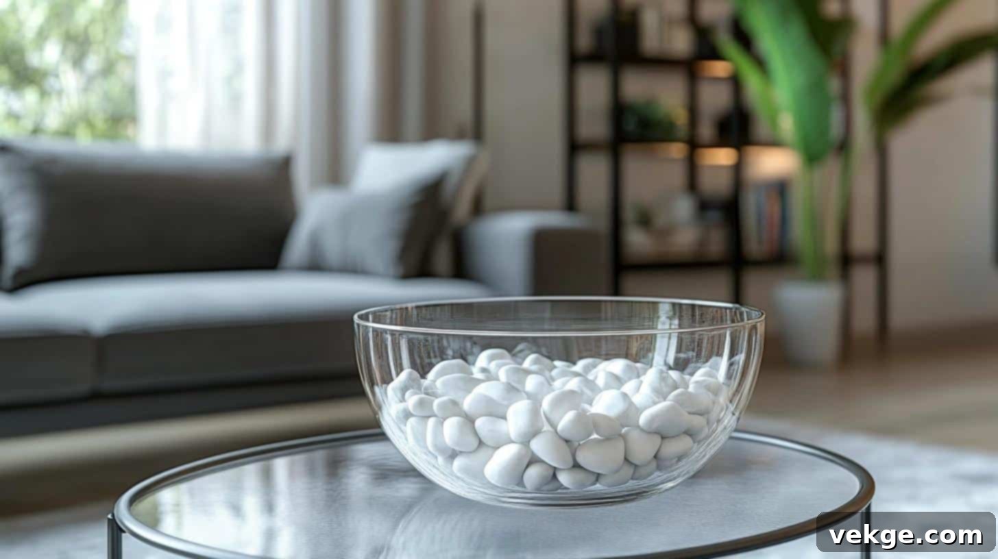 Clear minimalist glass bowl filled with smooth river stones on a table