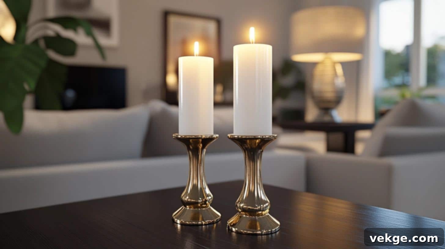 Sleek metallic candle holders in gold and silver on a modern coffee table