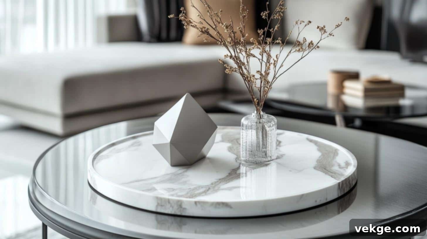 Elegant marble tray with a single vase on a dark wooden coffee table