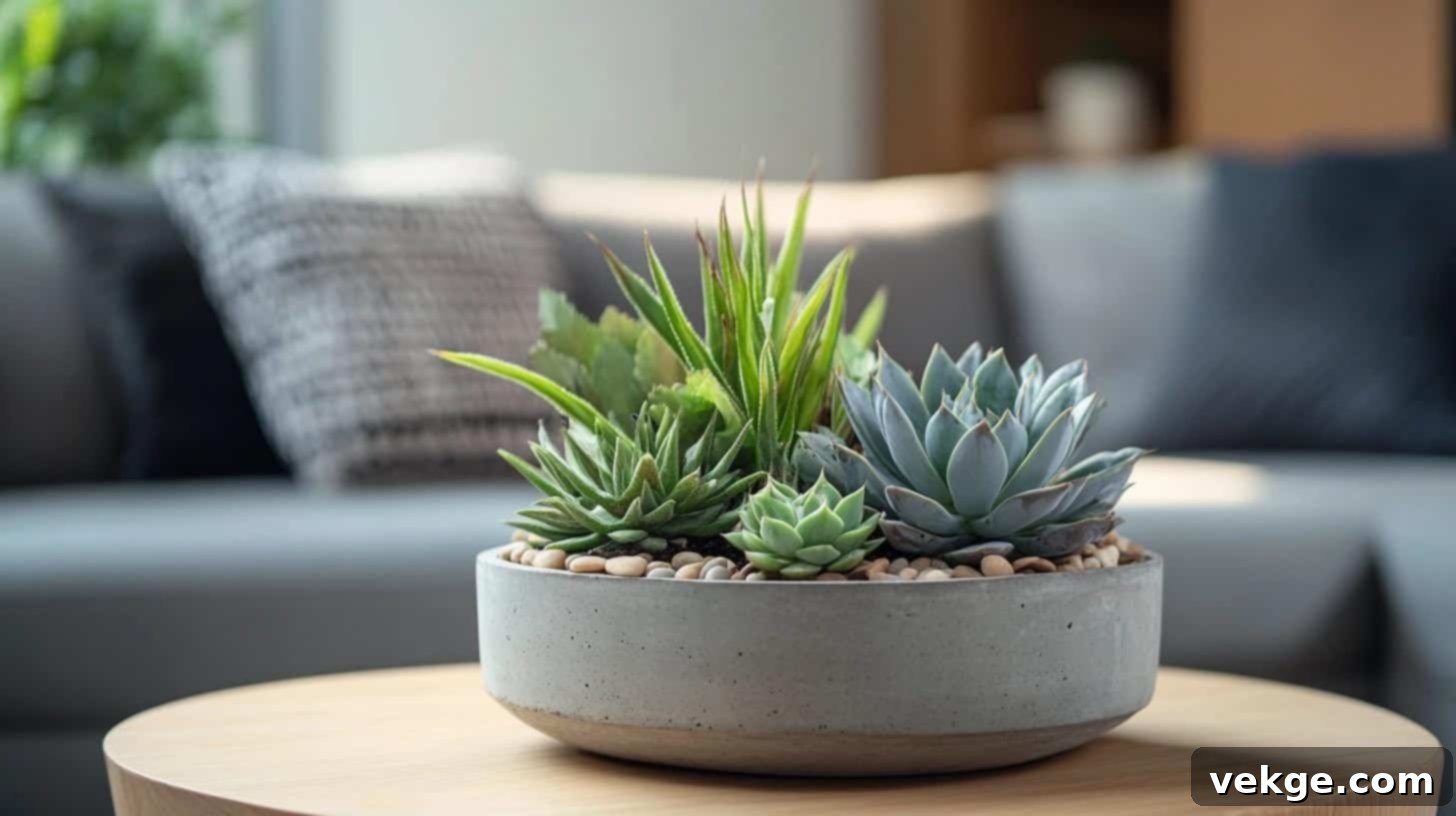 Modern concrete planter with various succulents on a wooden coffee table