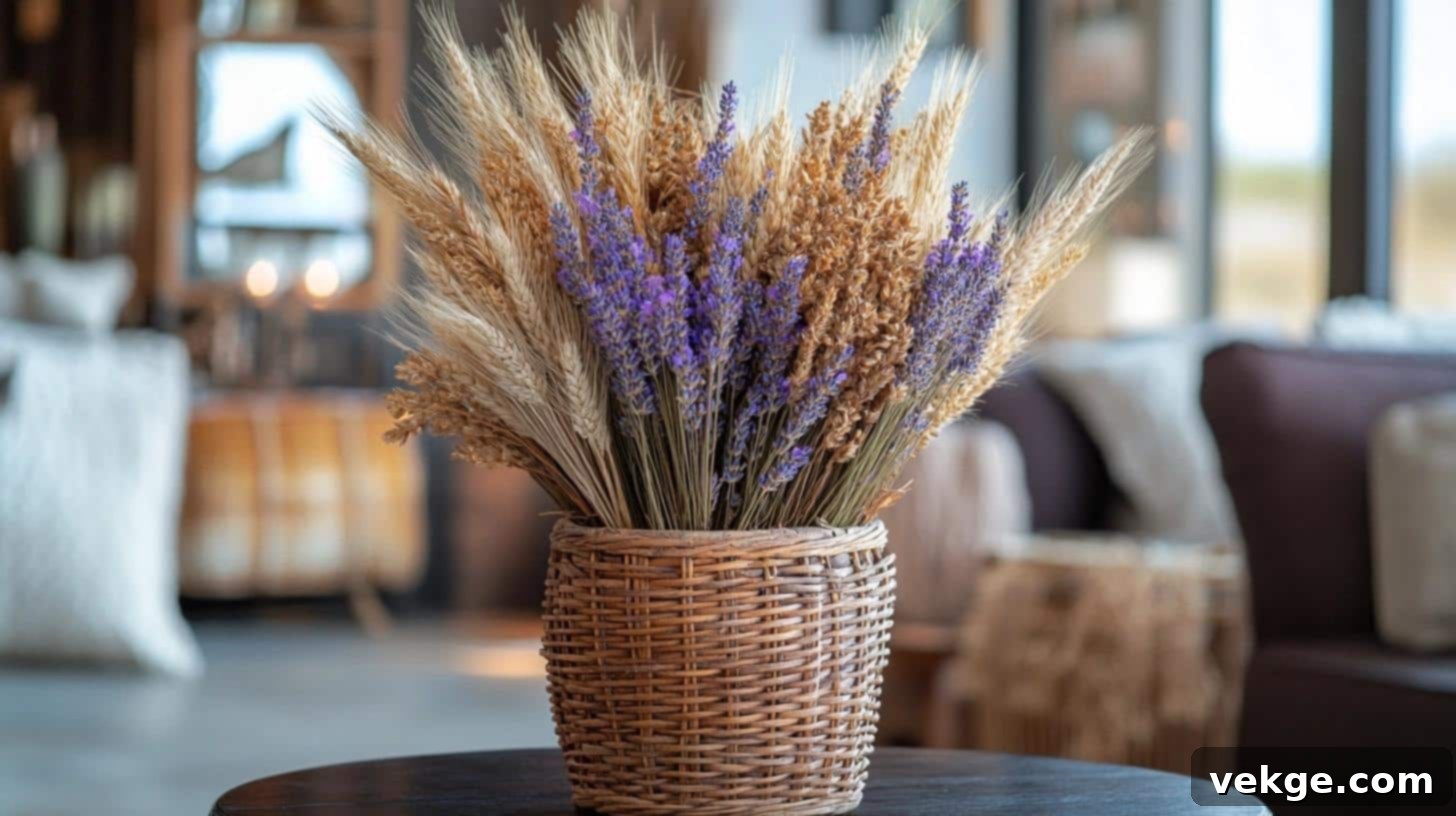 Rustic woven basket filled with dried floral arrangements on a farmhouse table