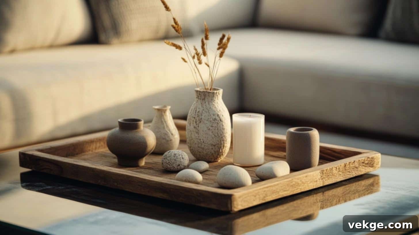 Reclaimed wooden serving tray adorned with various rustic decor items