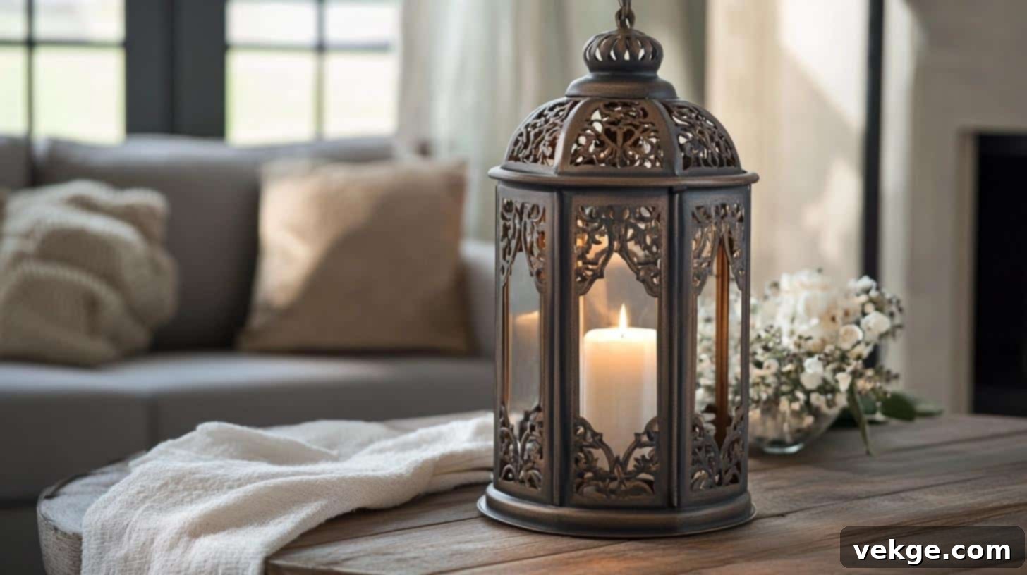 Rustic metal lantern with a lit candle inside on a wooden coffee table