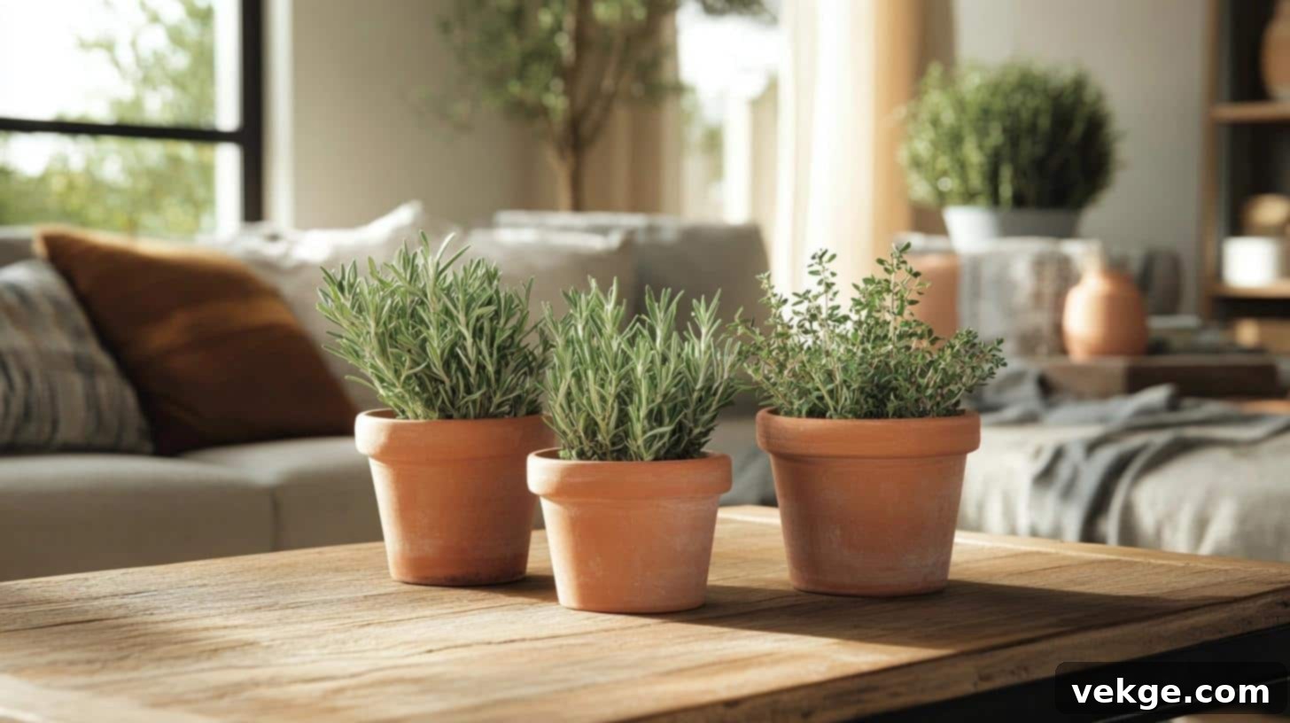 Small potted herb plants in terracotta pots on a center table