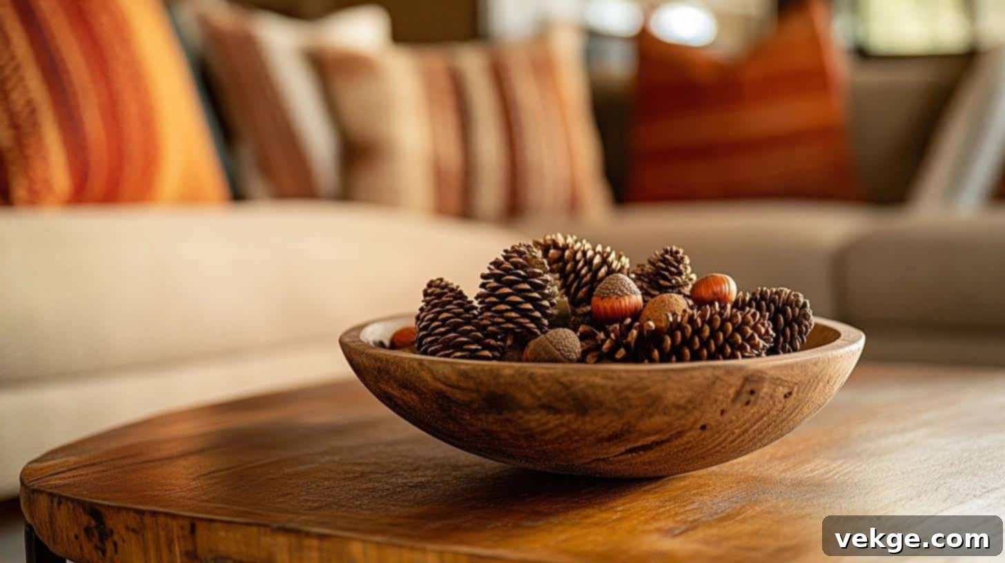 Rustic wooden bowl filled with pinecones and acorns on a coffee table