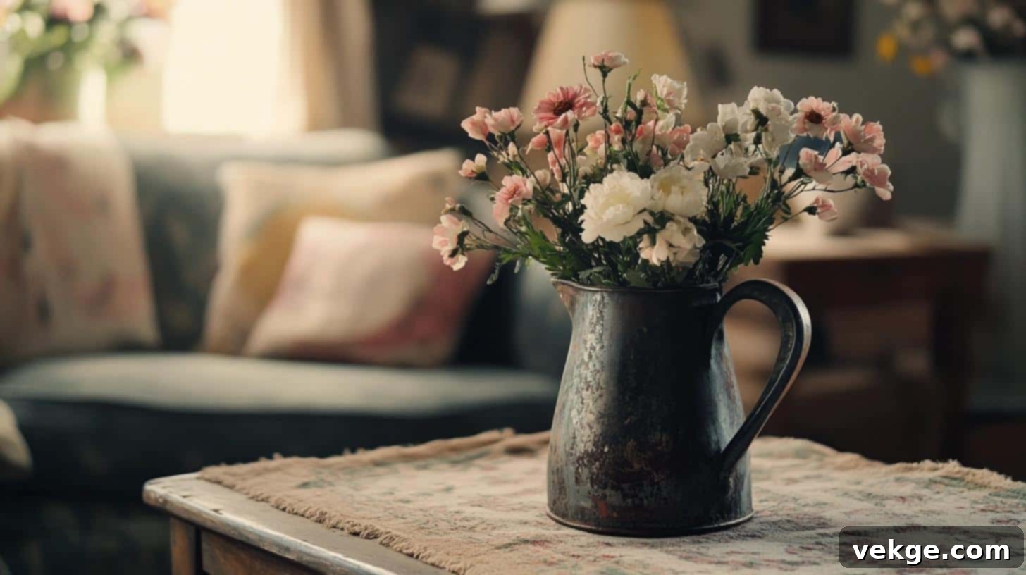 Vintage distressed metal pitcher filled with white flowers on a rustic table