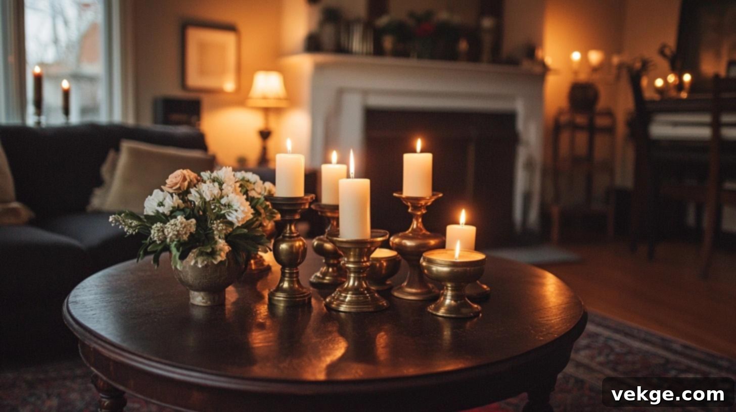 Ornate antique brass candle holders on a wooden coffee table