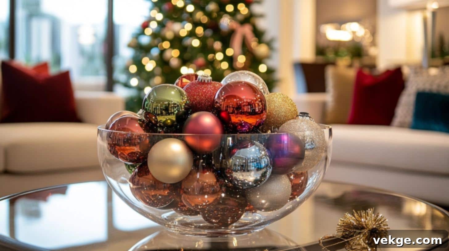 Clear glass bowl filled with colorful Christmas ornaments on a festive table