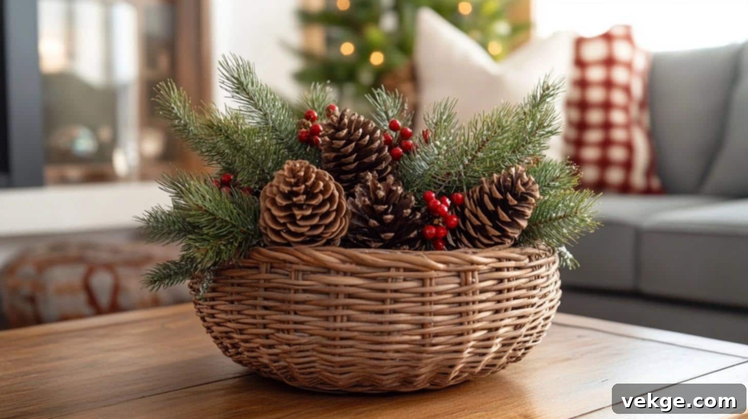 Rustic basket filled with pinecones and evergreen branches for winter decor