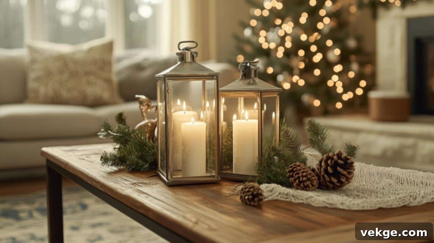 Set of candles in elegant hurricane lanterns on a festive center table