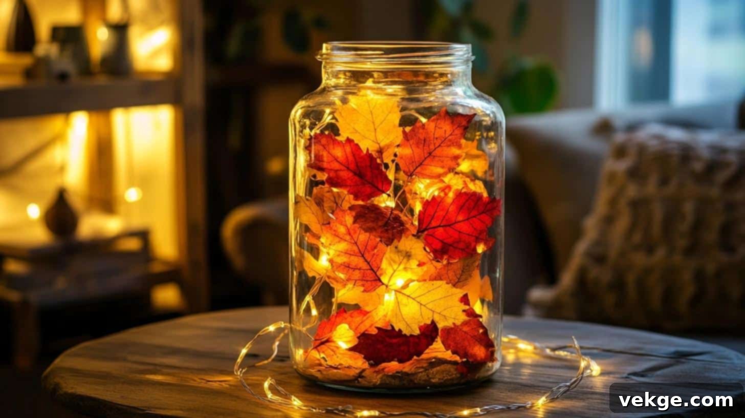 Dried autumn leaves arranged beautifully in a clear glass jar