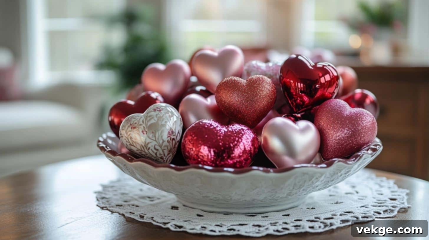 Decorative heart-shaped ornaments in a bowl for Valentine's Day decor