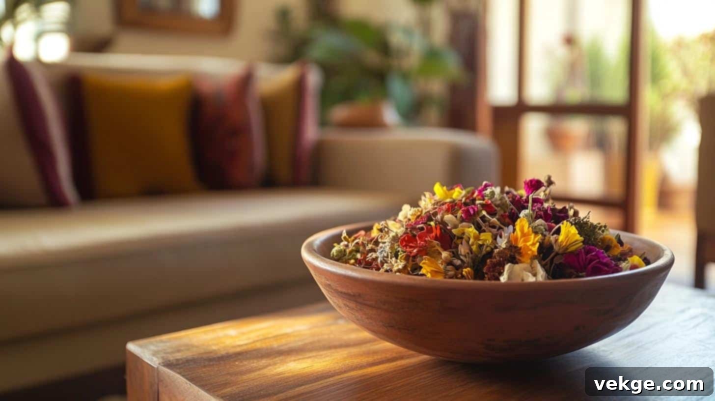 Elegant decorative bowl filled with scented potpourri on a coffee table