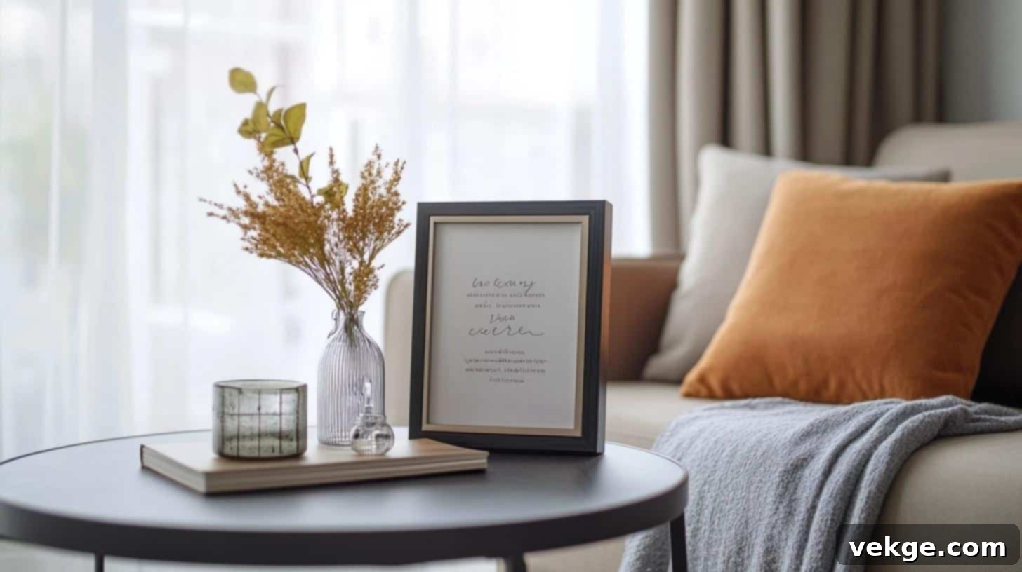 Small framed inspirational quote on a modern coffee table with other decor