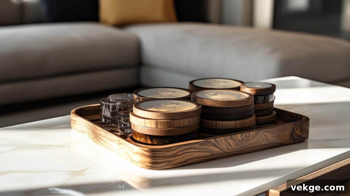 Stack of stylish decorative coasters made from wood and glass