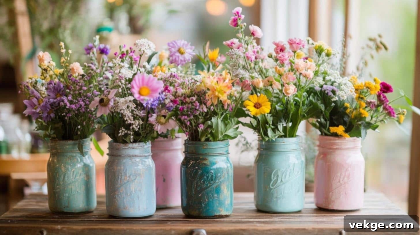 DIY painted mason jar vase with fresh flowers on a wooden table
