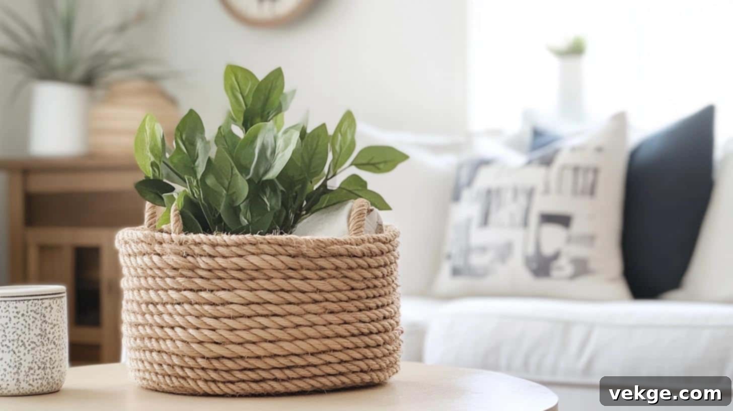 Handmade DIY rope basket on a center table, used for storage