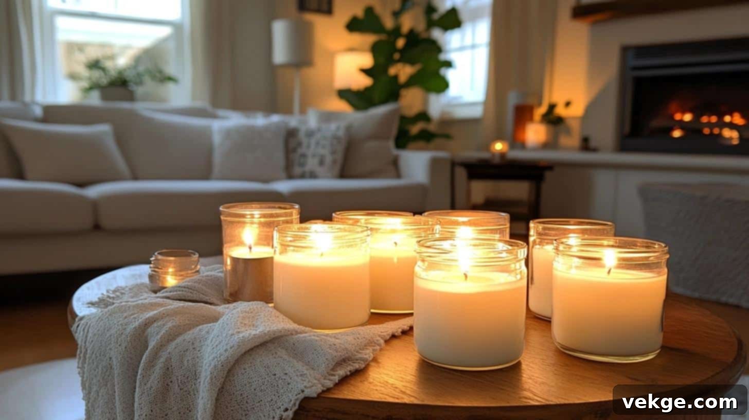 DIY homemade scented candles in glass jars on a coffee table
