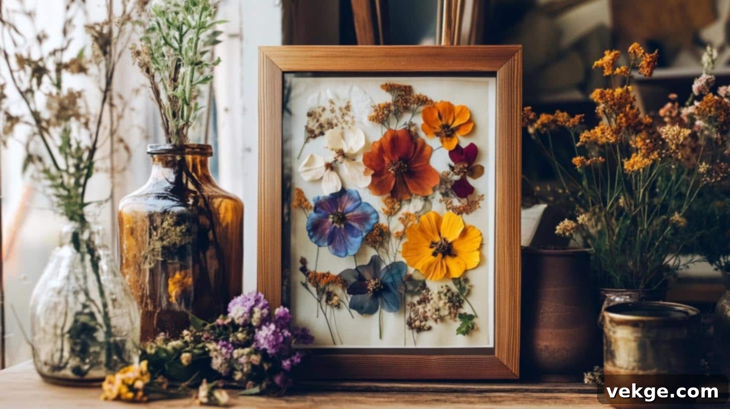 Delicate pressed flowers artfully arranged under glass in a frame