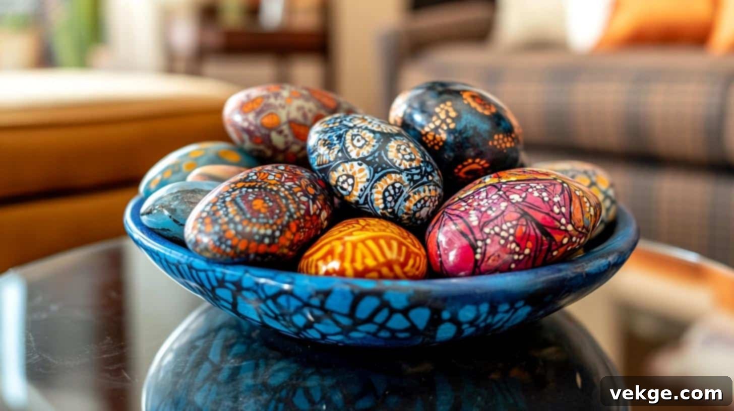 Decorative bowl filled with colorful painted stones as a centerpiece