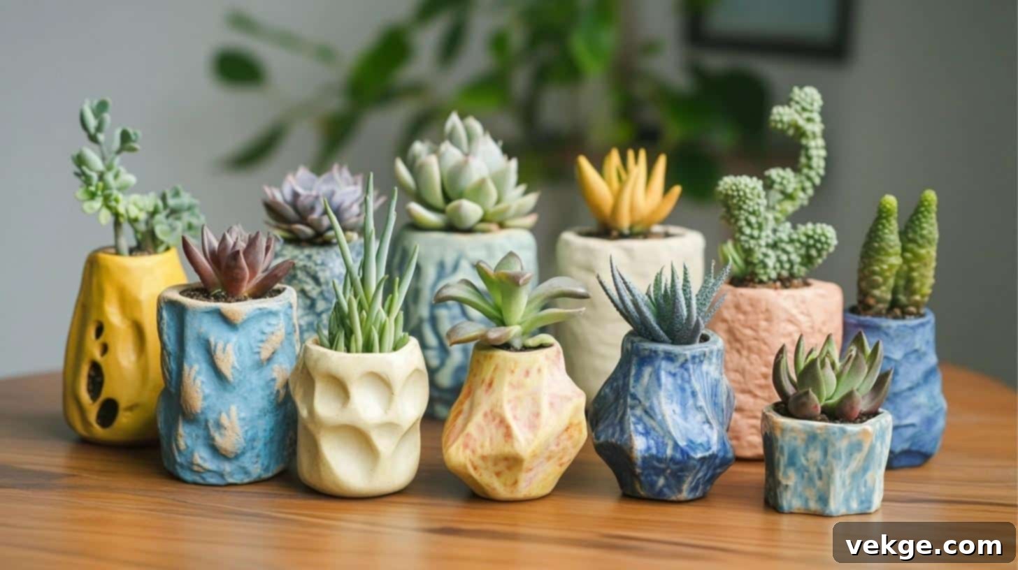 Small handmade clay planters with succulents on a modern coffee table