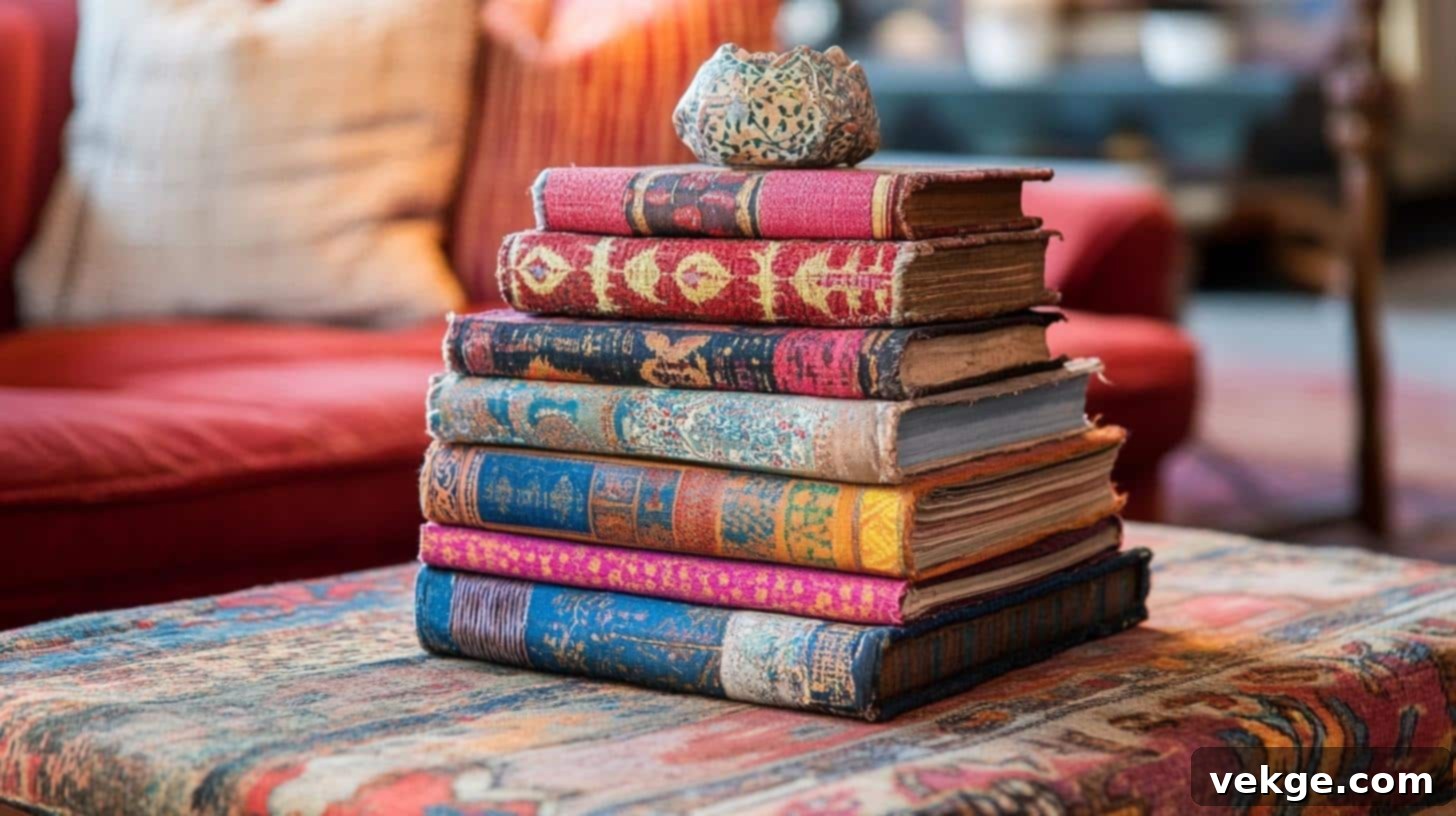 Stack of fabric-covered books with various patterns on a center table
