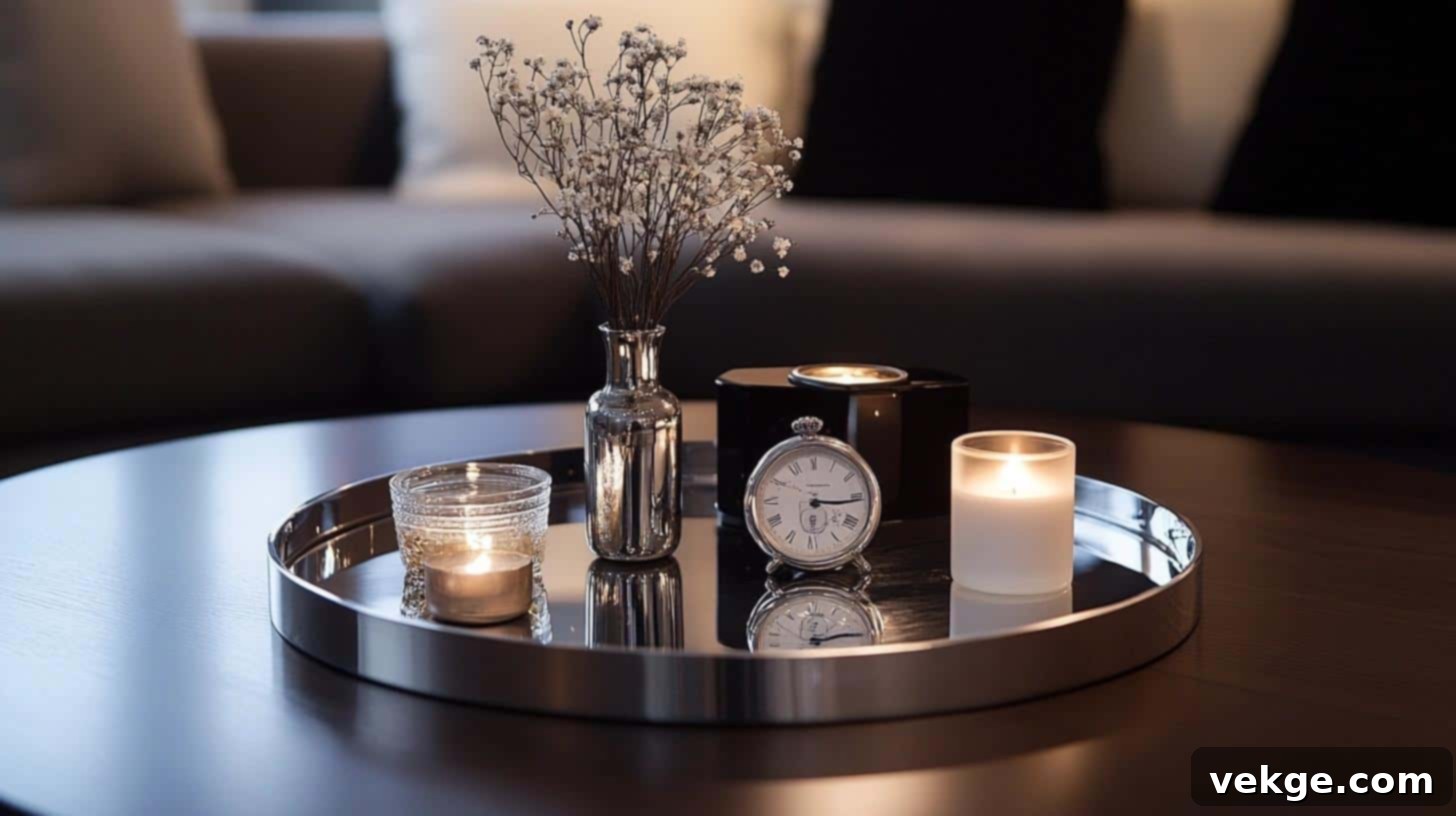 Polished silver tray holding small decorative items on a coffee table