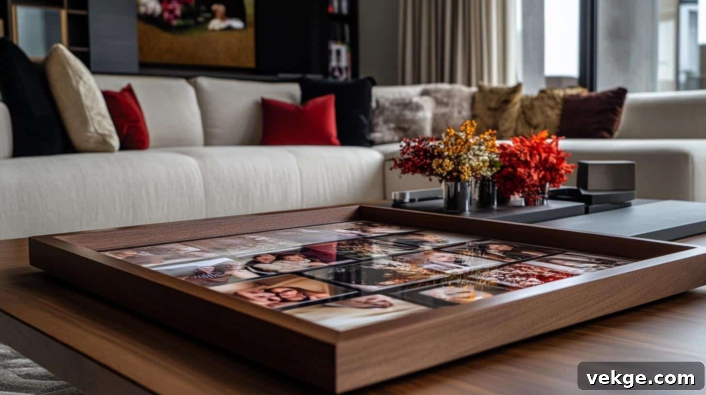 Personalized DIY picture collage tray with family photos on a coffee table
