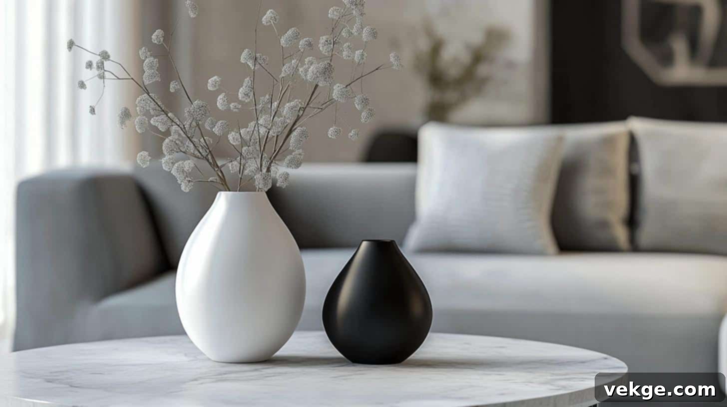 Set of three minimalist monochrome vases on a contemporary coffee table