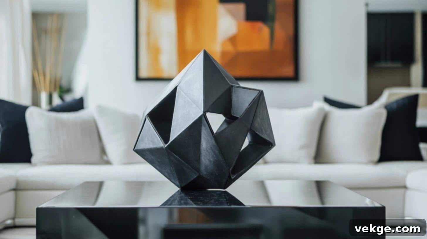 Abstract geometric sculpture as a centerpiece on a minimalist coffee table