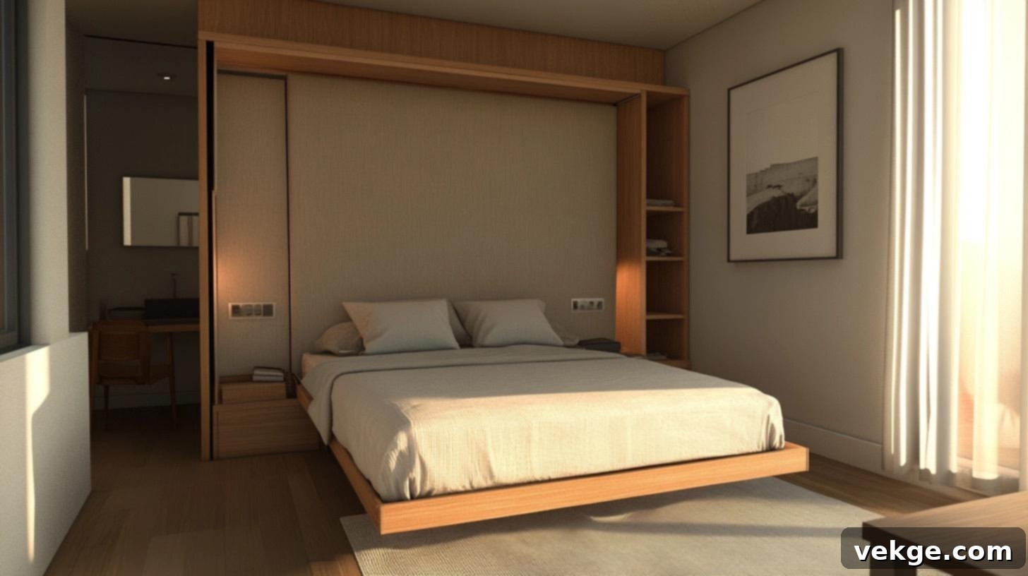 Fold-away headboard design for flexible wall space and compact living